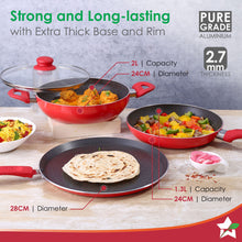 Load image into Gallery viewer, Milano Non-stick Cookware 4 Pc Set | Dosa Tawa, Fry Pan, Kadhai for cutlets, curries, dosas | PFOA Free | Virgin Aluminium | Energy Efficient | Dishwasher Safe | 2-year Warranty | Red&amp;Black