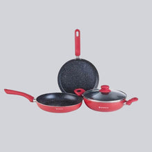 Load image into Gallery viewer, Milano Non-stick Cookware Set, 4Pc (Wok with Lid, Fry Pan, Dosa Tawa), Induction Bottom, Soft Touch Handle, Pure Grade Aluminium, PFOA Free, 2 Years Warranty, Red