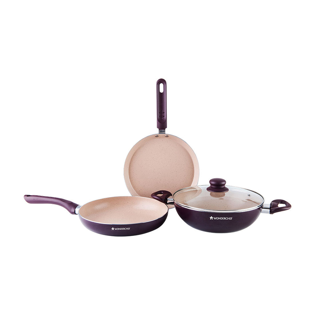 Milano Set Burgundy 24 cm, Wok, Fry Pan, Dosa Tawa, Meta Tuff - non - stick coating, Pure grade Aluminum,