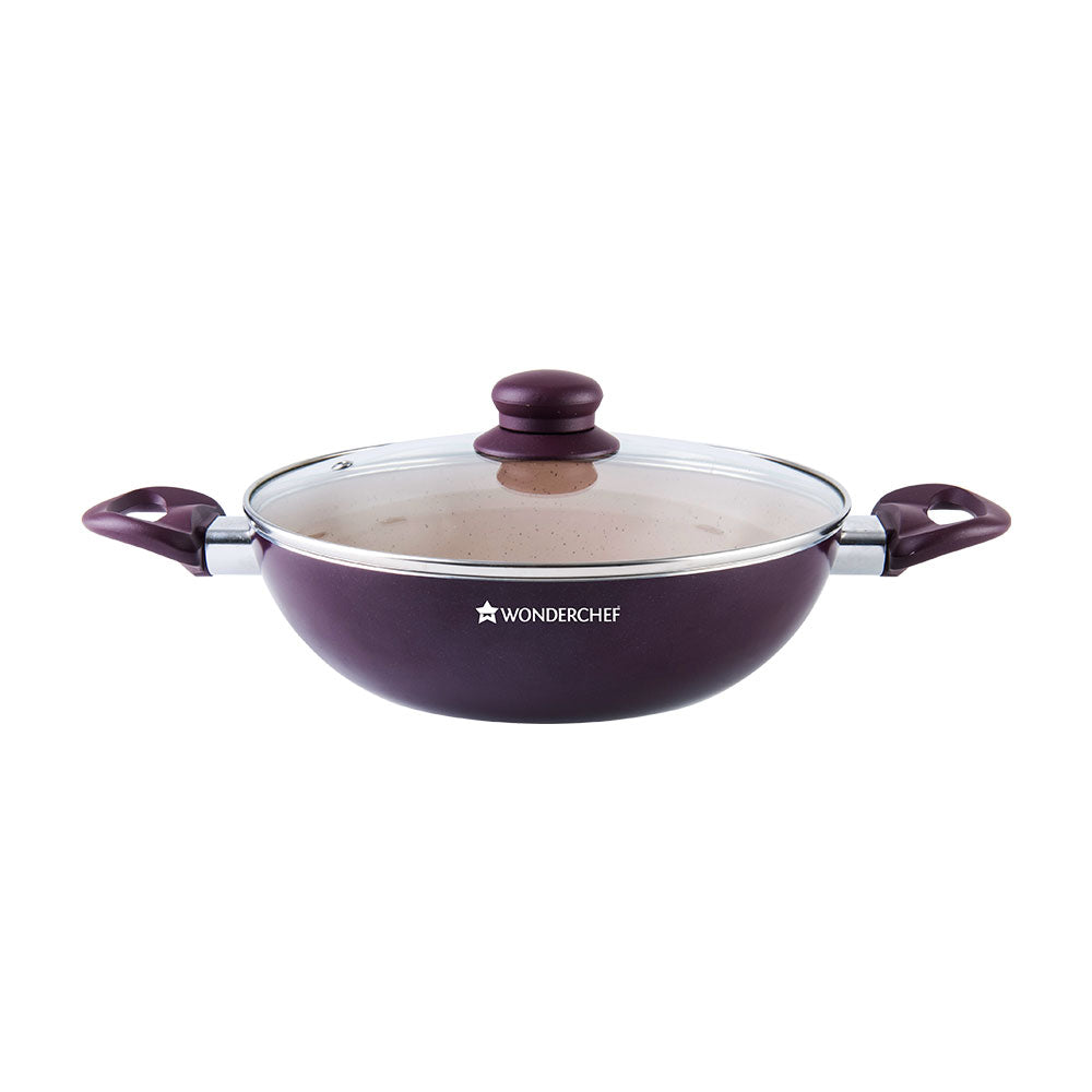 Milano Set Burgundy 24 cm, Wok, Fry Pan, Dosa Tawa, Meta Tuff - non - stick coating, Pure grade Aluminum,