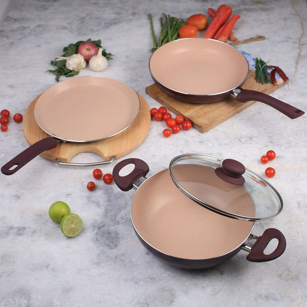 Milano Set Burgundy 24 cm, Wok, Fry Pan, Dosa Tawa, Meta Tuff - non - stick coating, Pure grade Aluminum,