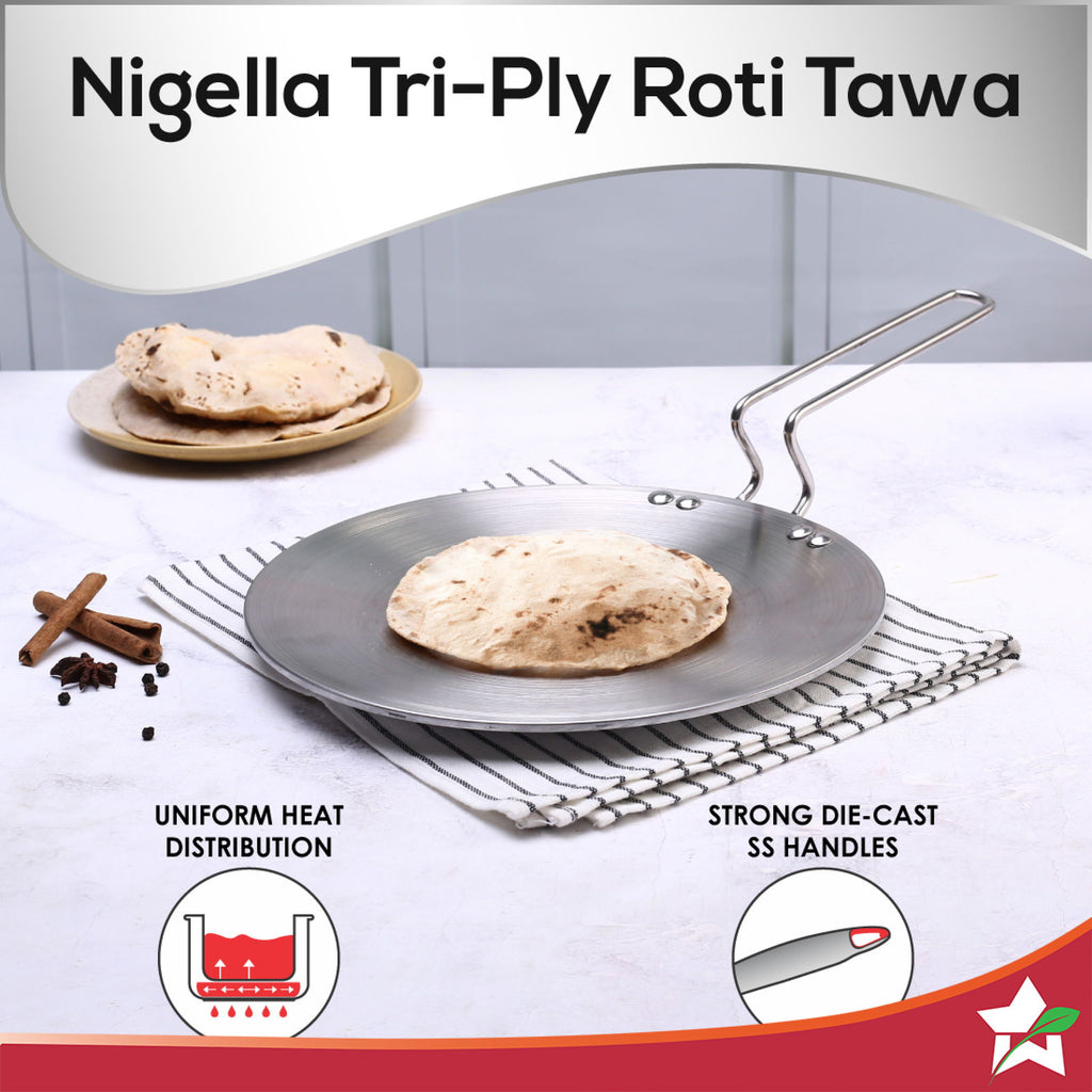 Nigella 3-Ply 26 cm Roti Tawa | Non-Stick Tawa | 4mm Thickness | Induction base | Compatible with all cooktops | Riveted Cool-Touch Handle | 10 Year Warranty