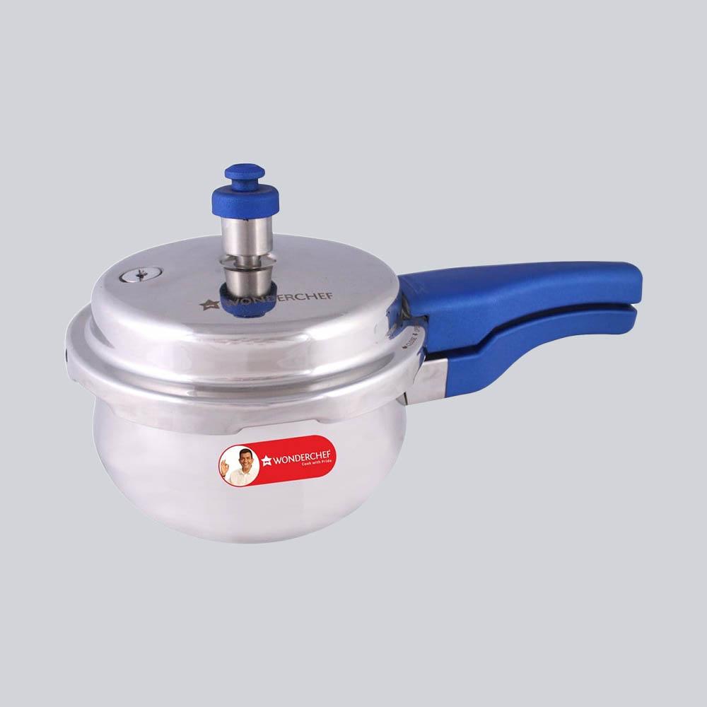 Nigella Induction Base 1.5L Stainless Steel Handi Pressure Cooker with Outer Lid, Blue Handles