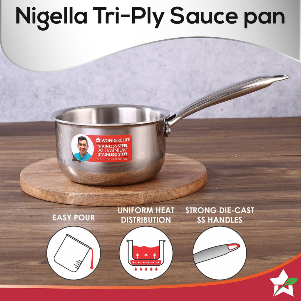 Nigella Tri-Ply 14 cm Sauce Pan | 1.2 Liters | 2.5 mm Thickness | Silver | 10 Years Warranty