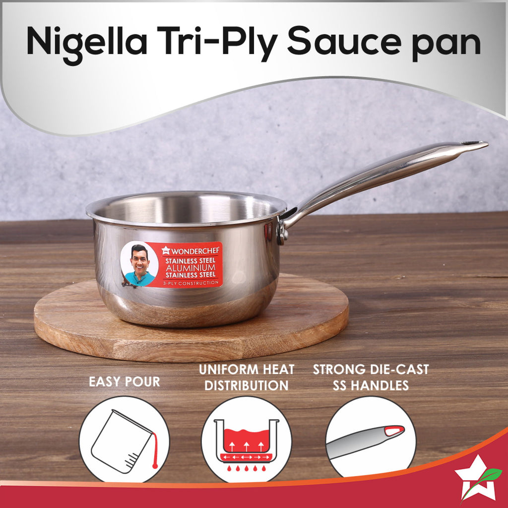 Nigella Tri-ply Stainless Steel 16 cm Sauce Pan | 1.5 Liters | 2.6mm Thickness | Silver