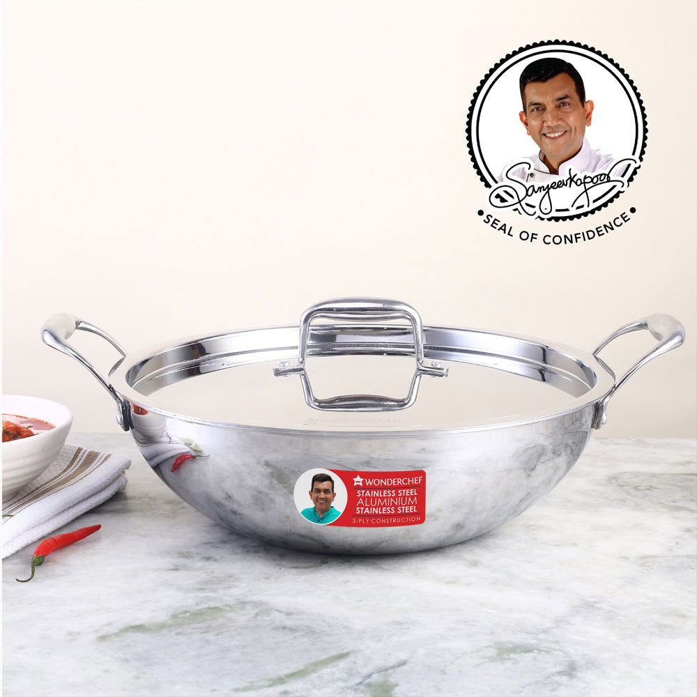 Nigella Tri-ply Stainless Steel 20 cm Kadhai with Lid | 1.5 Litres | 2.6mm Thickness | Kadhai with Induction base | Compatible with all cooktops | Riveted Cool-Touch Handle | 10 Year Warranty