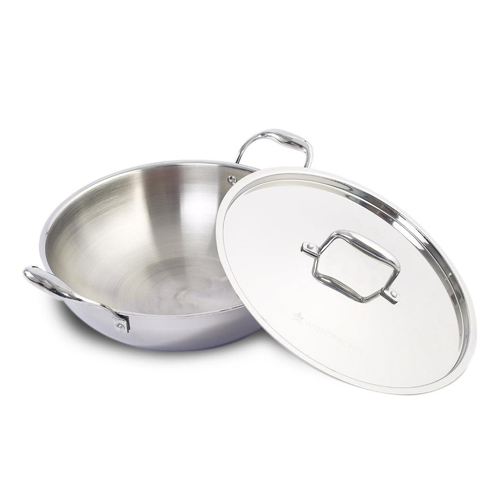 Nigella Tri-ply Stainless Steel 20 cm Kadhai with Lid | 1.5 Litres | 2.6mm Thickness | Kadhai with Induction base | Compatible with all cooktops | Riveted Cool-Touch Handle | 10 Year Warranty