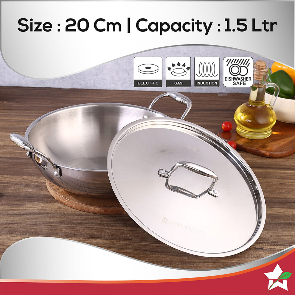 Nigella Tri-ply Stainless Steel 20 cm Kadhai with Lid | 1.5 Litres | 2.6mm Thickness | Kadhai with Induction base | Compatible with all cooktops | Riveted Cool-Touch Handle | 10 Year Warranty