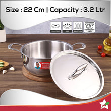 Load image into Gallery viewer, Nigella Tri-Ply Stainless Steel 22 cm Casserole | 3.2 Litres | 2.6mm Thickness | Induction base | Compatible with all cooktops | Riveted Cool-Touch Handle | 10 Year Warranty