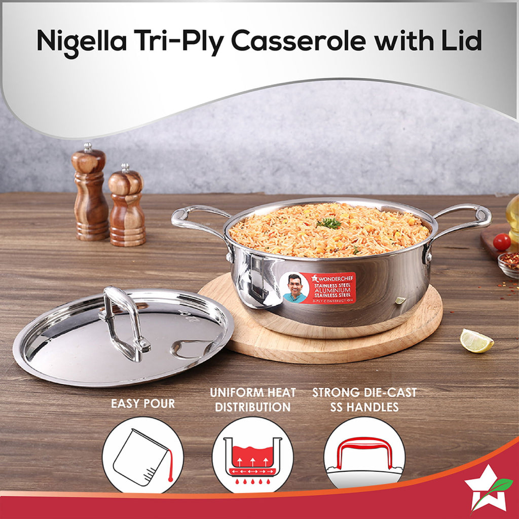 Nigella Tri-ply Stainless Steel 24 cm Casserole | 4.8 Litres | 2.6mm Thickness | Induction base | Compatible with all cooktops | Riveted Cool-Touch Handle | 10 Year Warranty