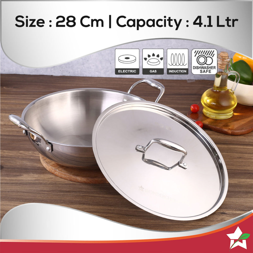 Nigella Tri-Ply Stainless Steel 28 cm Kadhai with Lid | 4.1 Litres | 2.6mm Thickness | Kadai with Induction base | Compatible with all cooktops | Riveted Cool-Touch Handle | 10 Year Warranty