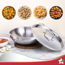 Load image into Gallery viewer, Nigella Tri-Ply Stainless Steel 28 cm Kadhai with Lid | 4.1 Litres | 2.6mm Thickness | Kadai with Induction base | Compatible with all cooktops | Riveted Cool-Touch Handle | 10 Year Warranty