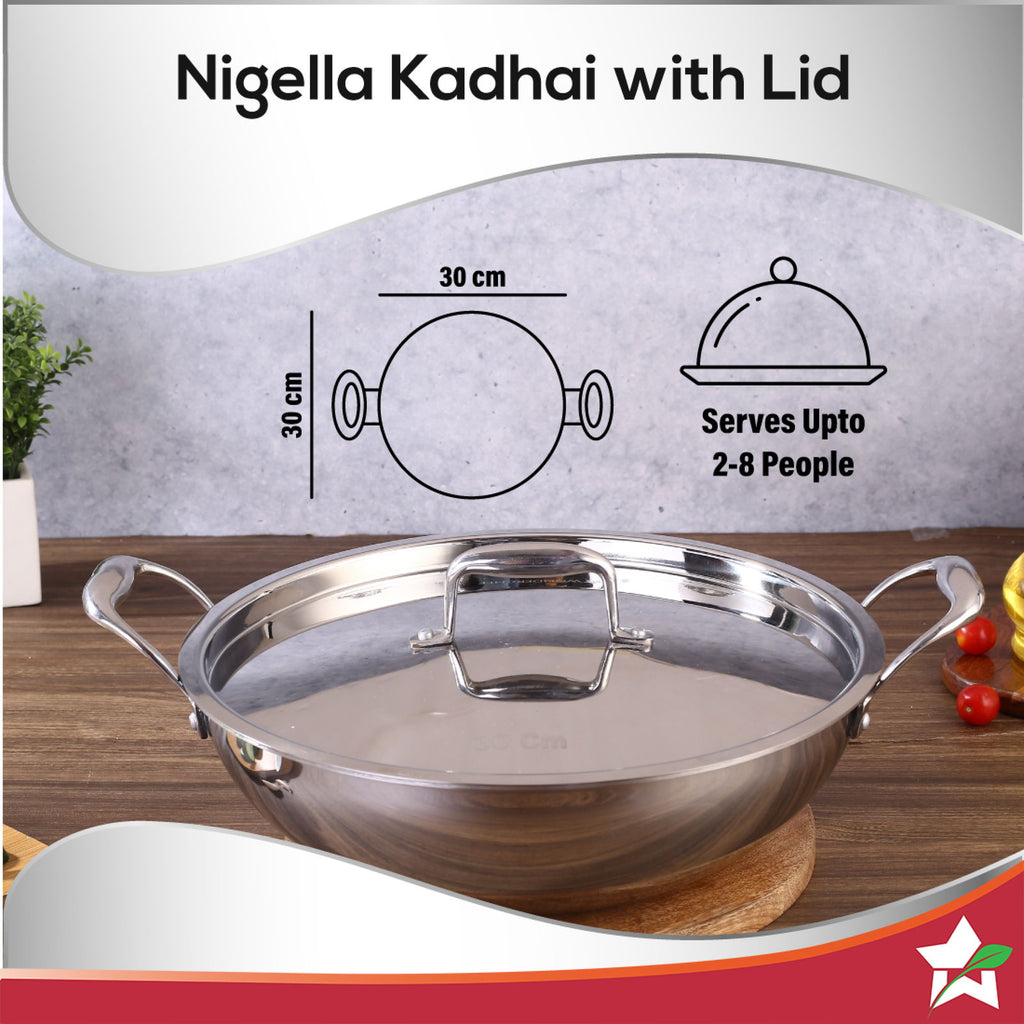 Nigella Tri-Ply Stainless Steel 30 cm Kadhai with Lid | 4.6 Litres | 2.6mm Thickness | Kadhai with Induction base | Compatible with all cooktops | Riveted Cool-Touch Handle | 10 Year Warranty