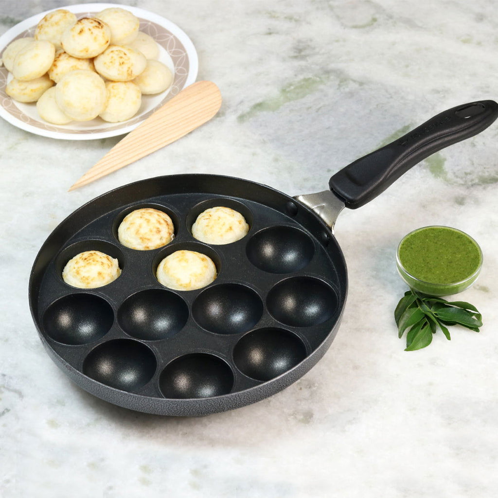 Non-Stick Appa Kara Cookware with 12 cavities | Appam PatraPaniyarakkal | Paniyaram | Appam Pan | Pan Cake Maker | Ponganal Maker | Kuzhi Paniyaram | Paddu Tawa | Cool Touch Bakelite Handle | Pure Grade Aluminium | PFOA Free | 1 Year Warranty | Black