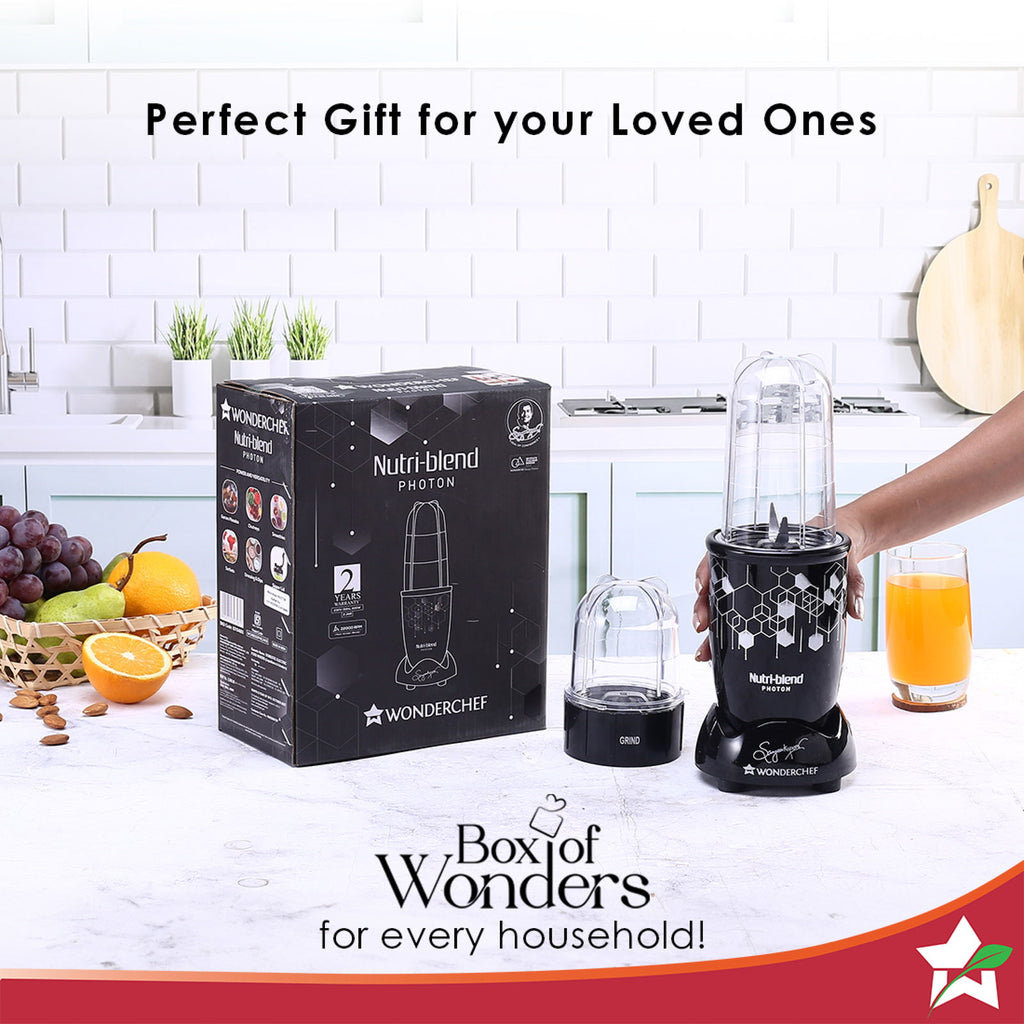 Nutri Blend Photon with Sipper Lid, Mixer, Grinder, Blender & Smoothie Maker | 400 W 22000 RPM 100% Full Copper Motor | Stainless steel Blades | 2 unbreakable jars | 2 Years warranty | Recipe book by Chef Sanjeev Kapoor | Black