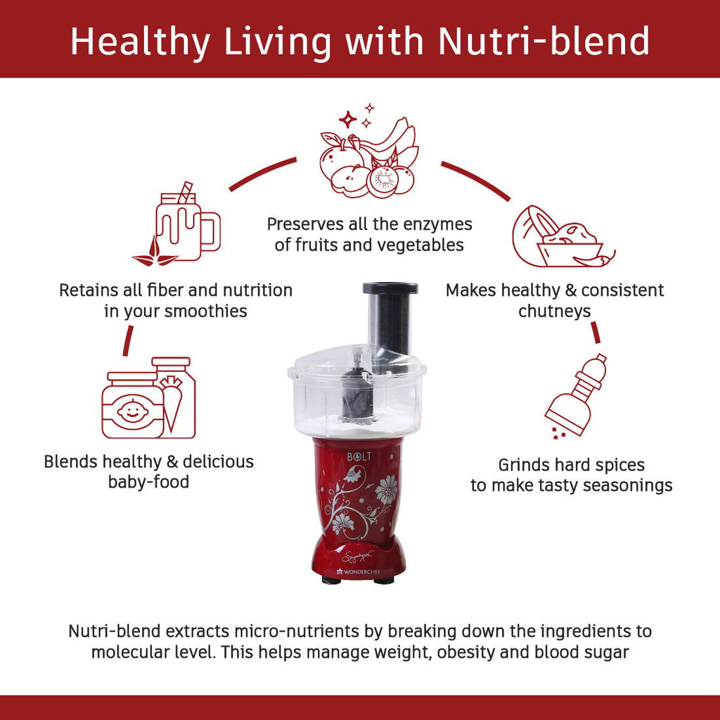 Nutri-blend BOLT-600W Mixer With Food Processor & Atta Kneader, Stronger & Swifter With Sipper Lid, 22000RPM 100% Full Copper Motor, 4 Unbreakable Jars, Sharper Steel Blades, 2 Yrs Warranty, Red, Recipe Book By Chef Sanjeev Kapoor