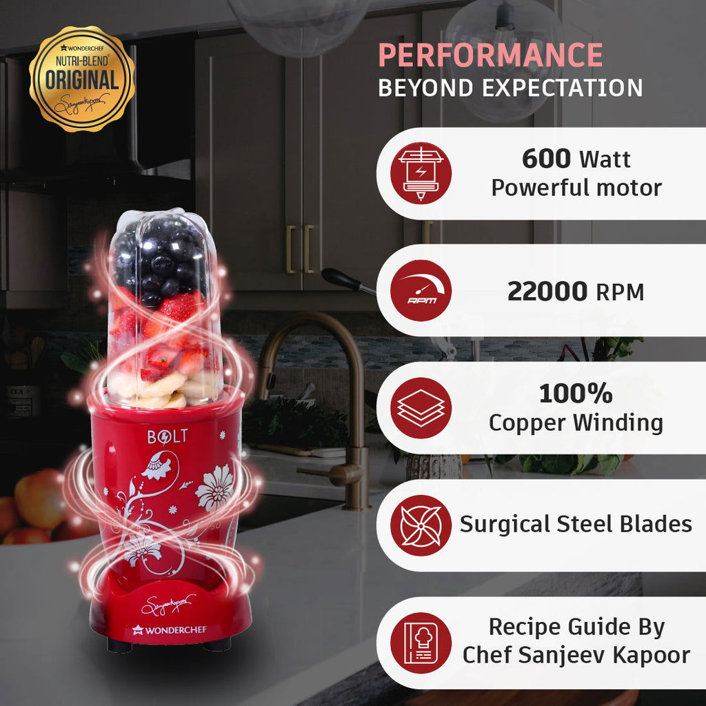 Nutri-blend BOLT-600W Mixer-Grinder, Stronger & Swifter with Sipper Lid, 22000RPM 100% Full Copper Motor, 2 Unbreakable Jars, Sharper Steel Blades, 2 Years Warranty, Red, Recipe Book By Chef Sanjeev Kapoor