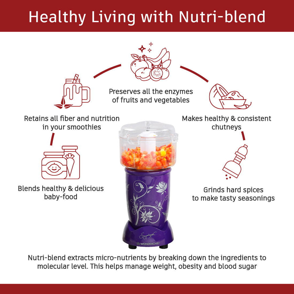 Nutri-blend Complete Kitchen Machine, 400W, 22000 RPM 100% Full Copper Motor, Mixer-Grinder, Blender, Chopper, Juicer, SS Blades, 4 Unbreakable Jars, 2 Years Warranty, Purple, Recipe Book By Chef Sanjeev Kapoor