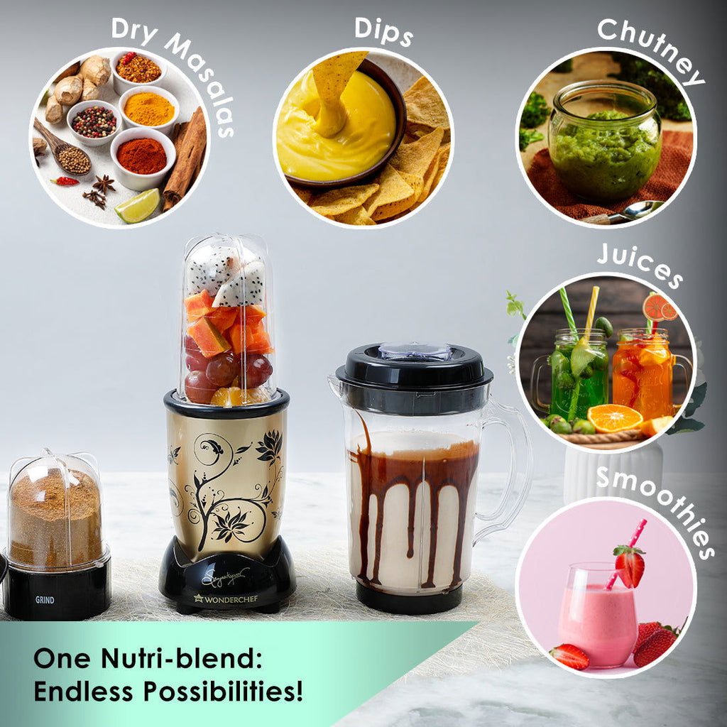 Nutri-blend Juicer, Mixer, Grinder, Blender & Smoothie Maker | 500W 22000 RPM 100% Full Copper Motor | Stainless steel Blades | 3 unbreakable jars | 2 Years warranty | Recipe book by Chef Sanjeev Kapoor | Champagne