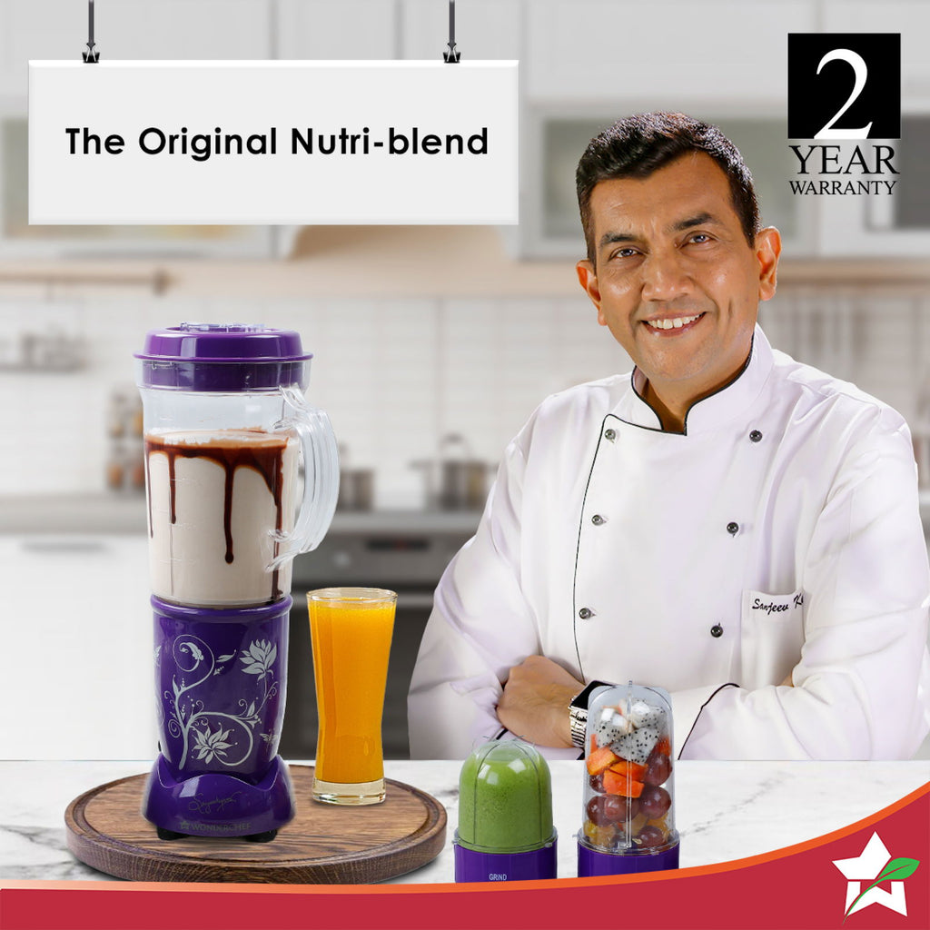 Nutri-blend Juicer, Mixer, Grinder, Blender & Smoothie Maker | 500W 22000 RPM 100% Full Copper Motor | Stainless steel Blades | 3 unbreakable jars | 2 Years warranty | Recipe book by Chef Sanjeev Kapoor | Purple