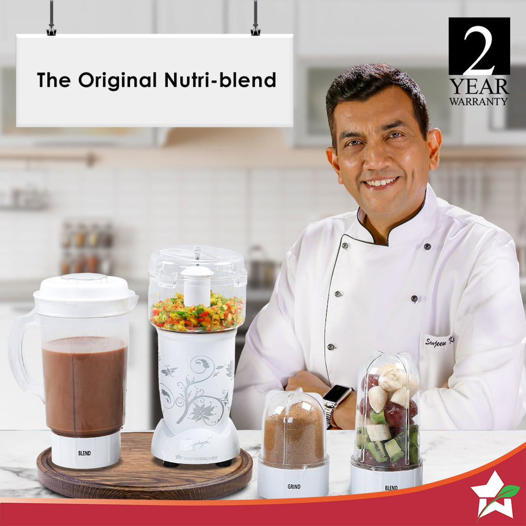 Nutri-blend Juicer, Mixer, Grinder, Smoothie Maker & Chopper | Complete Kitchen Machine | 22000 RPM Blender, Chopper, Juicer | 400W 100% Full Copper Motor | SS Blades | 4 Unbreakable Jars | 2 Years Warranty | Recipe Book By Chef Sanjeev Kapoor | White