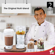 Load image into Gallery viewer, Nutri-blend Juicer, Mixer, Grinder, Smoothie Maker &amp; Chopper | Complete Kitchen Machine | 22000 RPM Blender, Chopper, Juicer | 400W 100% Full Copper Motor | SS Blades | 4 Unbreakable Jars | 2 Years Warranty | Recipe Book By Chef Sanjeev Kapoor | White