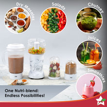 Load image into Gallery viewer, Nutri-blend Juicer, Mixer, Grinder, Smoothie Maker &amp; Chopper | Complete Kitchen Machine | 22000 RPM Blender, Chopper, Juicer | 400W 100% Full Copper Motor | SS Blades | 4 Unbreakable Jars | 2 Years Warranty | Recipe Book By Chef Sanjeev Kapoor | White