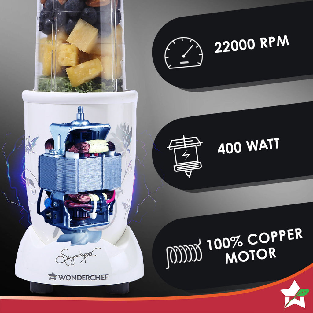 Nutri-blend Juicer, Mixer, Grinder, Smoothie Maker & Chopper | Complete Kitchen Machine | 22000 RPM Blender, Chopper, Juicer | 400W 100% Full Copper Motor | SS Blades | 4 Unbreakable Jars | 2 Years Warranty | Recipe Book By Chef Sanjeev Kapoor | White