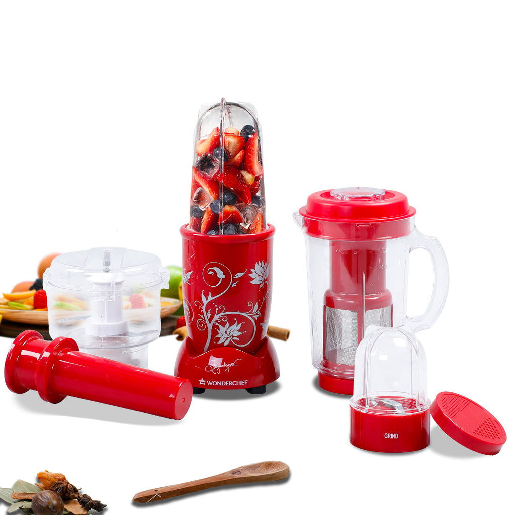 Nutri-blend Juicer, Mixer, Grinder, Smoothie Maker & Chopper | Complete Kitchen Machine | 22000 RPM Blender, Chopper, Juicer | 500W 100% Full Copper Motor | SS Blades | 4 Unbreakable Jars | 2 Years Warranty | Recipe Book By Chef Sanjeev Kapoor | Red