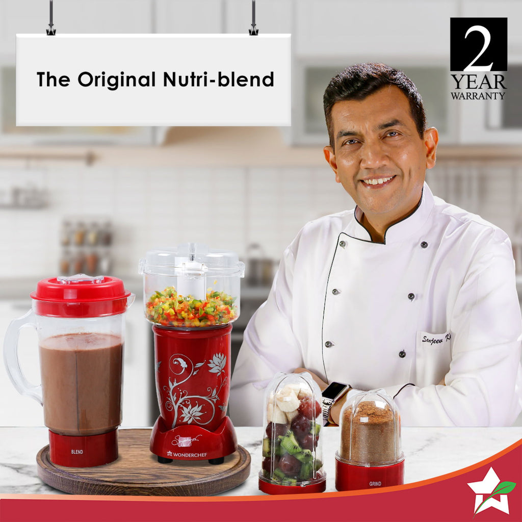 Nutri-blend Juicer, Mixer, Grinder, Smoothie Maker & Chopper | Complete Kitchen Machine | 22000 RPM Blender, Chopper, Juicer | 500W 100% Full Copper Motor | SS Blades | 4 Unbreakable Jars | 2 Years Warranty | Recipe Book By Chef Sanjeev Kapoor | Red