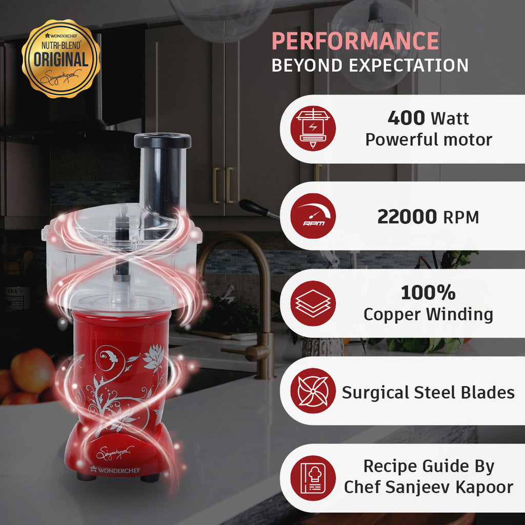 Nutri-blend Juicer, Mixer, Grinder, Smoothie Maker | Food Processor with Atta Kneader | 400W 22000 RPM 100% Full Copper Motor | SS Blades | 4 Unbreakable Jars | 2 Years Warranty | Recipe Book By Chef Sanjeev Kapoor | Red