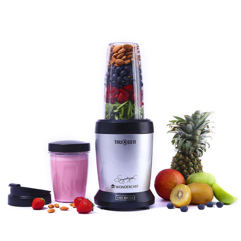 Nutri-blend Thunder Mixer, Grinder, Blender & Smoothie Maker | 1000W 22000 RPM 100% Full Copper Motor | SS 6-Blade Assembly | 2 Unbreakable Tritan Jars | 2 Years Warranty | Recipe Book By Chef Sanjeev Kapoor | Black Silver