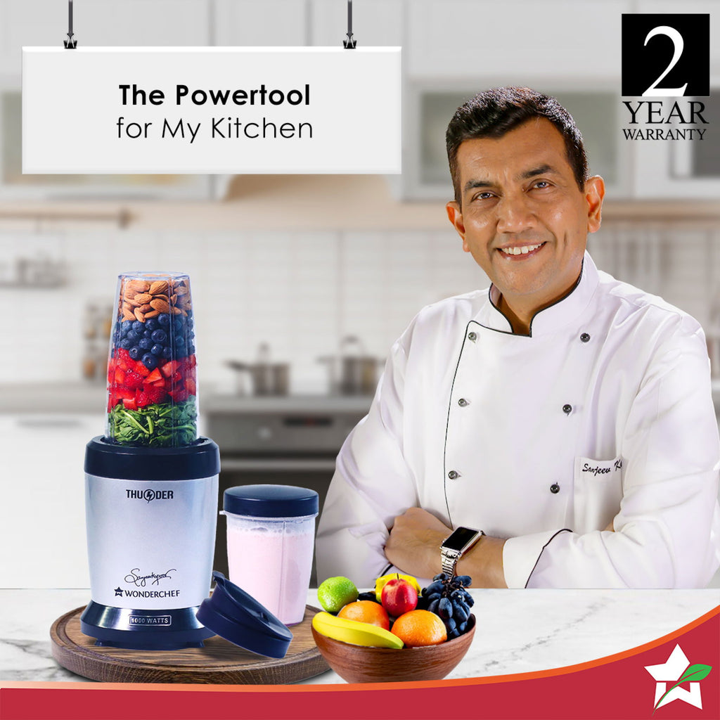 Nutri-blend Thunder Mixer, Grinder, Blender & Smoothie Maker | 1000W 22000 RPM 100% Full Copper Motor | SS 6-Blade Assembly | 2 Unbreakable Tritan Jars | 2 Years Warranty | Recipe Book By Chef Sanjeev Kapoor | Black Silver