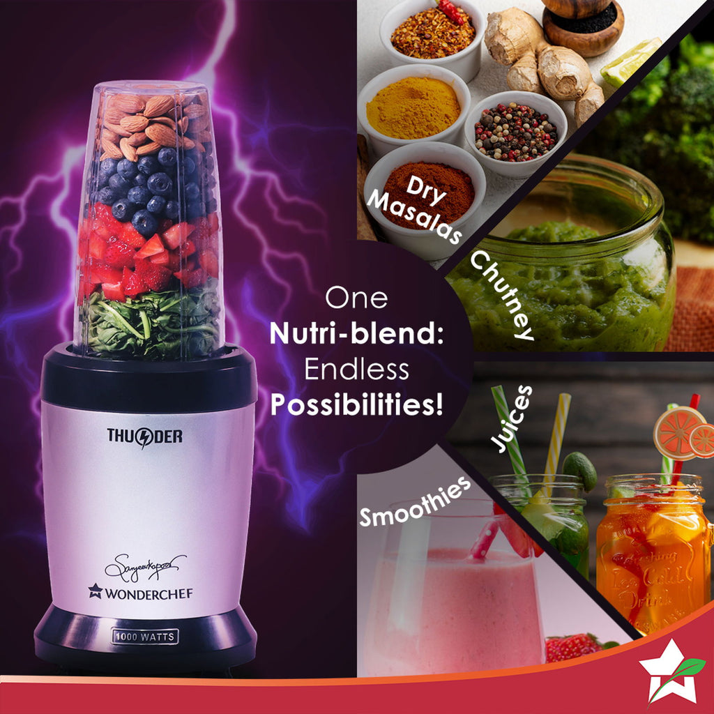 Nutri-blend Thunder Mixer, Grinder, Blender & Smoothie Maker | 1000W 22000 RPM 100% Full Copper Motor | SS 6-Blade Assembly | 2 Unbreakable Tritan Jars | 2 Years Warranty | Recipe Book By Chef Sanjeev Kapoor | Black Silver