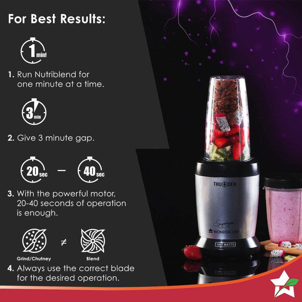 Nutri-blend Thunder Mixer, Grinder, Blender & Smoothie Maker | 1000W 22000 RPM 100% Full Copper Motor | SS 6-Blade Assembly | 2 Unbreakable Tritan Jars | 2 Years Warranty | Recipe Book By Chef Sanjeev Kapoor | Black Silver