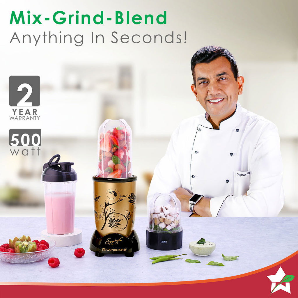 Nutri-blend, 500W, 22000 RPM 100% Full Copper Motor, Mixer-Grinder, Blender, SS Blades, 2 unbreakable Jars, 2 Years warranty, Champagne, Recipe book by Chef Sanjeev Kapoor