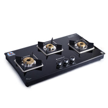 Load image into Gallery viewer, Octavia 3 Burner Glass Hob Top Auto Cooktop | 8mm Toughened Glass | Auto Ignition | Forged Brass Burners | Stainless Steel Drip Tray | Anti-Skid Legs | Large &amp; Heavy Pan support | LPG compatible | Black steel frame | 2 Year Warranty | Black