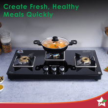 Load image into Gallery viewer, Octavia 3 Burner Glass Hob Top Auto Cooktop | 8mm Toughened Glass | Auto Ignition | Forged Brass Burners | Stainless Steel Drip Tray | Anti-Skid Legs | Large &amp; Heavy Pan support | LPG compatible | Black steel frame | 2 Year Warranty | Black