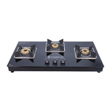 Load image into Gallery viewer, Octavia 3 Burner Glass Hob Top Manual Cooktop | 8mm Toughened Glass | Manual Ignition | Forged Brass Burners | Stainless Steel Drip Tray | Anti-Skid Legs | Large &amp; Heavy Pan support | LPG compatible | Black steel frame | 2 Year Warranty | Black