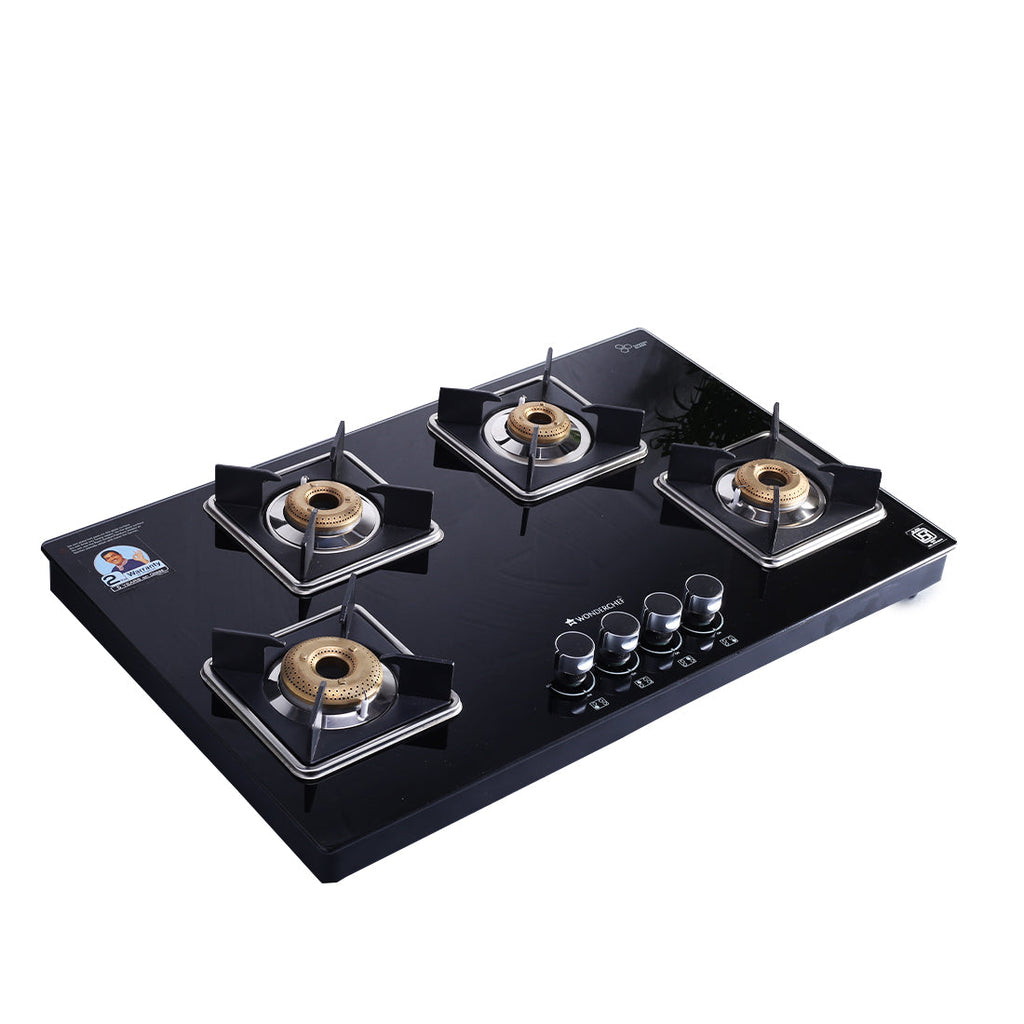 Octavia 4 Burner Glass Hob Top Auto Cooktop | 8mm Toughened Glass | Auto Ignition | Forged Brass Burners | Stainless Steel Drip Tray | Anti-Skid Legs | Large & Heavy Pan support | LPG compatible | Black steel frame | 2 Year Warranty | Black