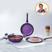 Load image into Gallery viewer, Orchid Non-Stick Cookware 4 Piece Set | Kadhai with Glass Lid 2.7L, Dosa Tawa 28cm, Fry Pan 24cm | Induction Bottom | Soft Touch Handles | Pure Grade Aluminium | PFOA Free | 2 Year Warranty | Purple