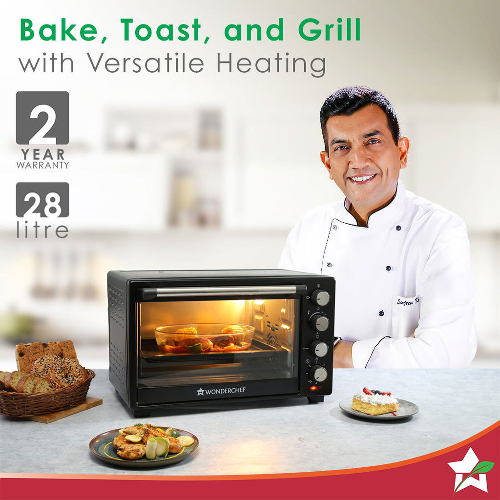 Oven Toaster Griller (OTG) - 28 Litres, Black - with Rotisserie,Auto-shut off, heat-resistant tempered glass, Multi-stage heat selection