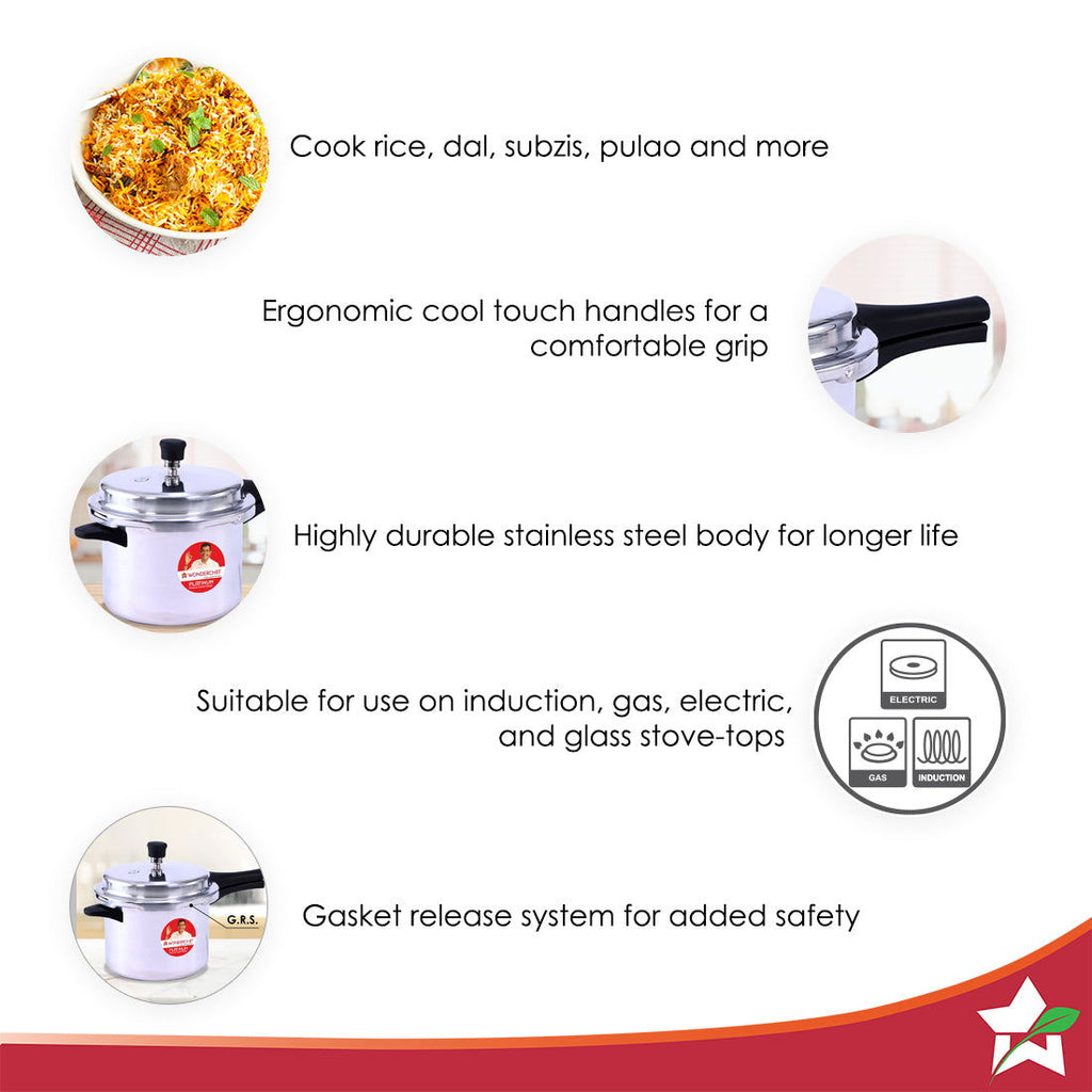 Platinum (2L, 3L & 5L) Pressure Cooker Combo Set, Single valve, Ergonomic cool touch handles, Durable body,