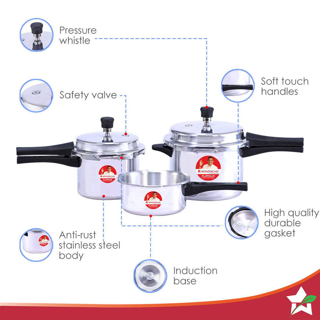 Platinum (2L, 3L & 5L) Pressure Cooker Combo Set, Single valve, Ergonomic cool touch handles, Durable body,