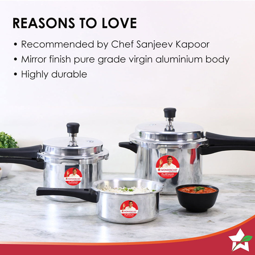 Platinum (2L, 3L & 5L) Pressure Cooker Combo Set, Single valve, Ergonomic cool touch handles, Durable body,