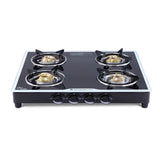 Platinum 4 Burner Manual Glass Cooktop | 6mm Toughened Glass Cooktop | Stainless Steel Drip tray | Anti-Skid Legs | Large Pan support | Manual Ignition | Black steel frame | 2 Year Warranty | Black