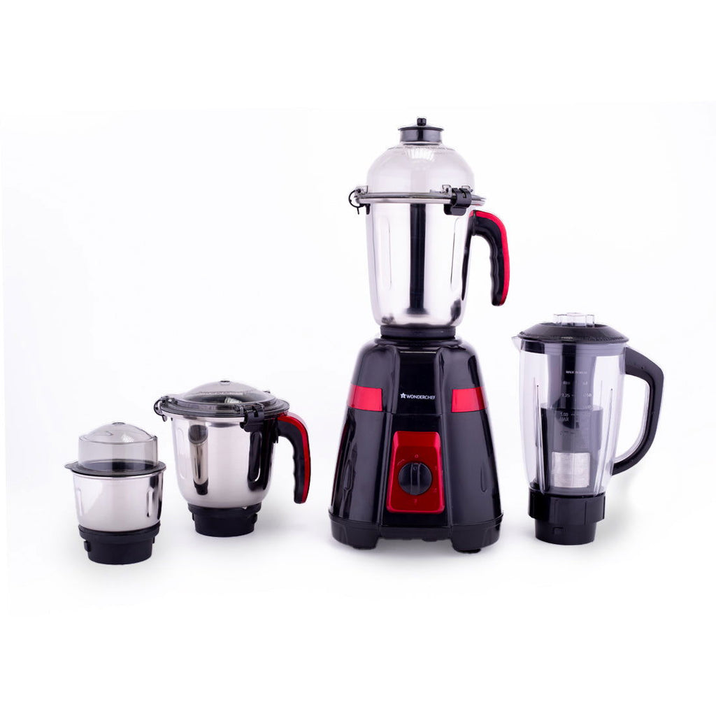 Platinum Mixer Grinder 750W with 4 Stainless Steel Jars And Anti-Rust Stainless Steel Blades, Ergonomic Handles, 5 Years Warranty On Motor,  Black & Crimson