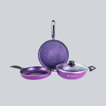 Load image into Gallery viewer, Platinum Non-stick Cookware Set, 4Pc (Wok with Lid, Fry Pan, Dosa Tawa), Cool Touch Bakelite Handles, Pure Grade Aluminium, PFOA free, Induction Friendly, 2.5 mm, 2 Years Warranty, Purple