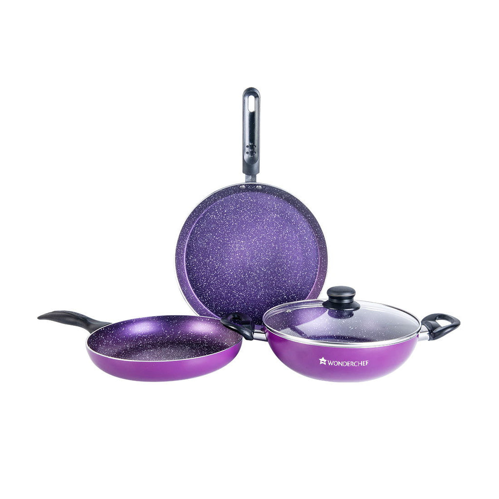 Platinum Non-stick Cookware Set, 4Pc (Wok with Lid, Fry Pan, Dosa Tawa), Cool Touch Bakelite Handles, Pure Grade Aluminium, PFOA free, Induction Friendly, 2.5 mm, 2 Years Warranty, Purple