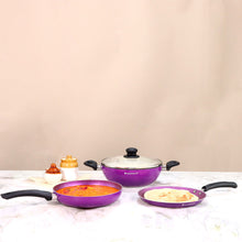 Load image into Gallery viewer, Platinum Non-stick Cookware Set, 4Pc (Wok with Lid, Fry Pan, Dosa Tawa), Cool Touch Bakelite Handles, Pure Grade Aluminium, PFOA free, Induction Friendly, 2.5 mm, 2 Years Warranty, Purple